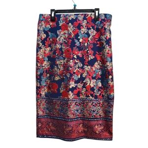 Eci New Stretch Pullon Metallic Shimmer Floral Pencil Skirt Size‎ M Blue, Gold,